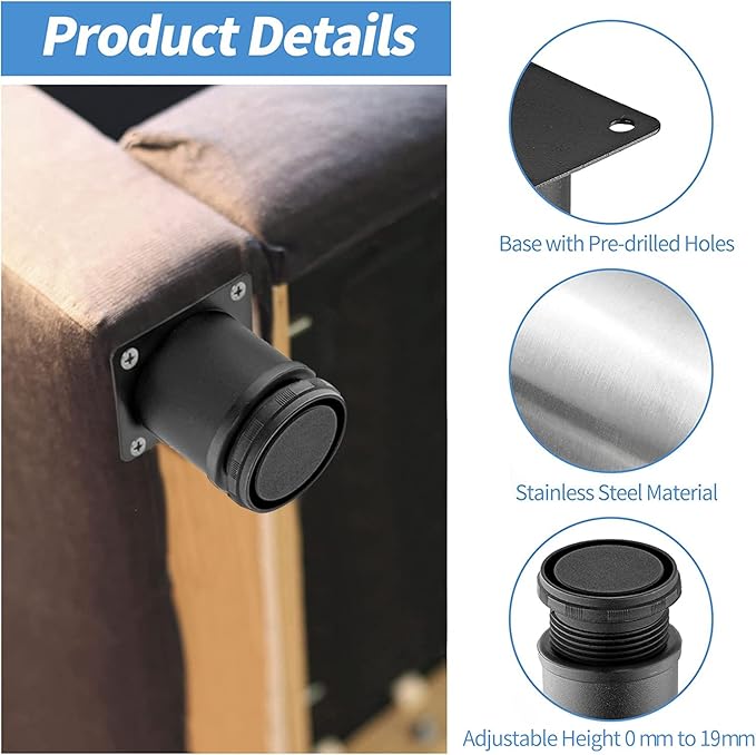 2.5 Inch Metal Furniture Legs Stainless Steel Adjustable Legs Black Metal Legs Round Cabinet Legs for Coffee Table Cabinet Desk Sofa Shelves, Pack of 4