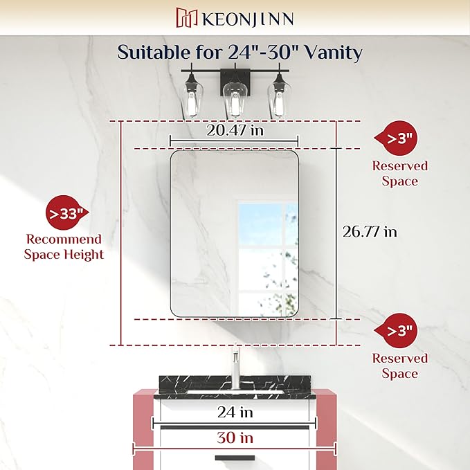 Keonjinn 20 x 26 Inch Black Recessed Medicine Cabinets, Bathroom Mirrored Medicine Cabinet, Gloss Black Stainless Steel Framed, Adjustable Shelves, in Wall or Surface Mount, Sturdy & Heavy, Farmhouse