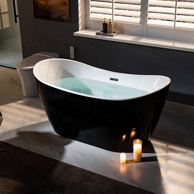 WOODBRIDGE 59" Acrylic Freestanding Bathtub Contemporary Soaking Tub, Black Acrylic(Matte Black Drain/Overflow),BTA1816-MB