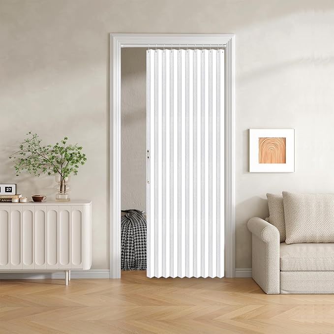 100% Blackout Fabric Folding Door Curtain with Magnetic Closure - Accordion Style for Sliding Doors, Closets,Wardrobe and Temporary Door Solutions Doorway Curtains（W42 x L78, White，1 Panel）