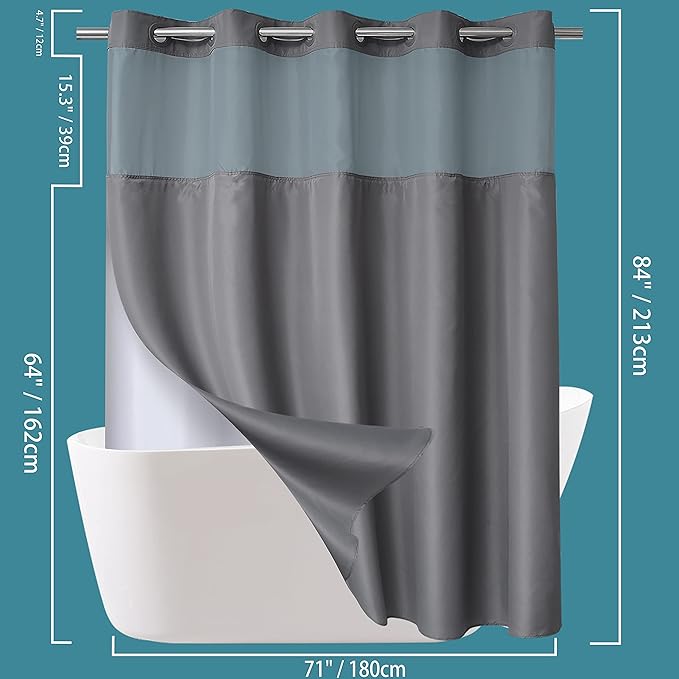 Conbo Mio Extra Long No Hook Shower Curtain with Snap in Liner Set, Hotel Luxury Grey Fabric Shower Curtains for Bathroom with See Through Top Window, Washable, Waterproof 71W x 84H