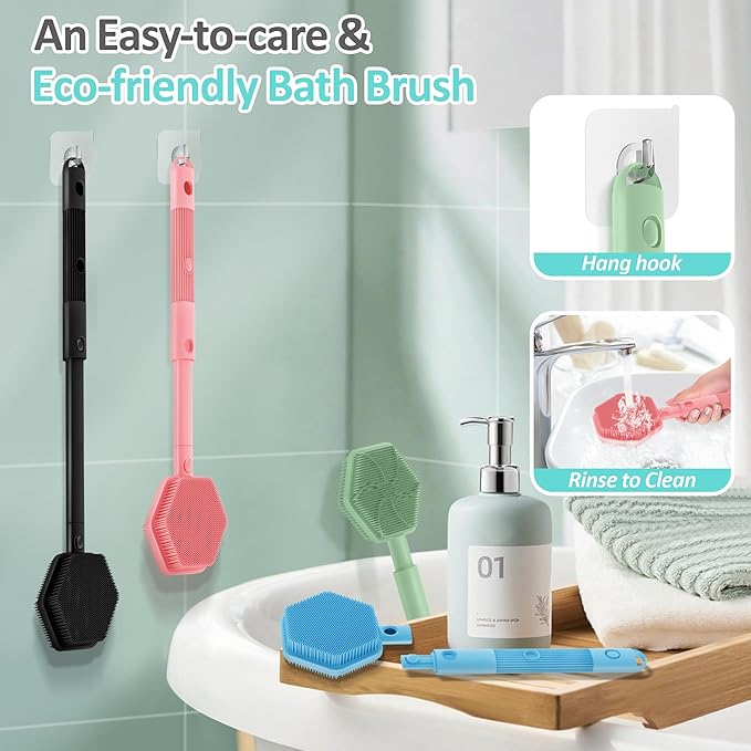 Silicone Back Scrubber & Soft Bath Glove 2PCS, 16''- 21''Extendable Back Scrubber with Dual-Side Large Head, 360° Anti-Slip Hand-fit Silicone Body Scrubber for Rich Foaming Deep Cleaning(Green)