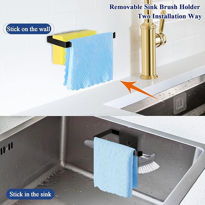 GAViA Kitchen Sink Sponge Holder - Sponge and Dish Cloth Hanger, Adhesive Rustproof Kitchen Sink Rack, 304 Stainless Steel, No Drilling (Black)