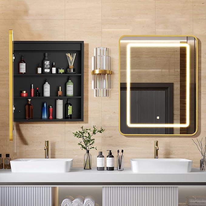 APRILSOUL 20X30 Inch Gold Bathroom Medicine Cabinet with Mirror, Recessed or Surface Lighted Medicine Cabinet with 3 Colors Temperature, Dimmable Light