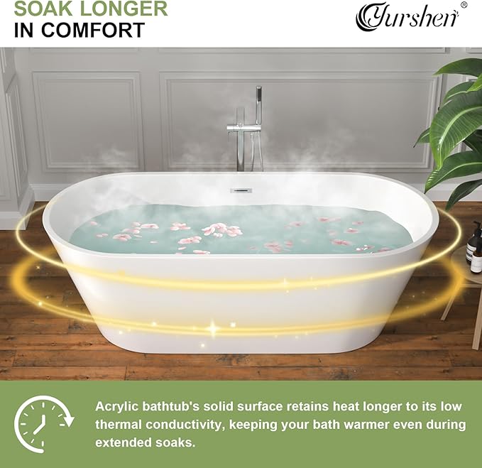 67 Inch Freestanding Acrylic Soaking Tub White Roll Top Bathtub with Chrome Drain Spa-Like Glossy Finish, YSB9223