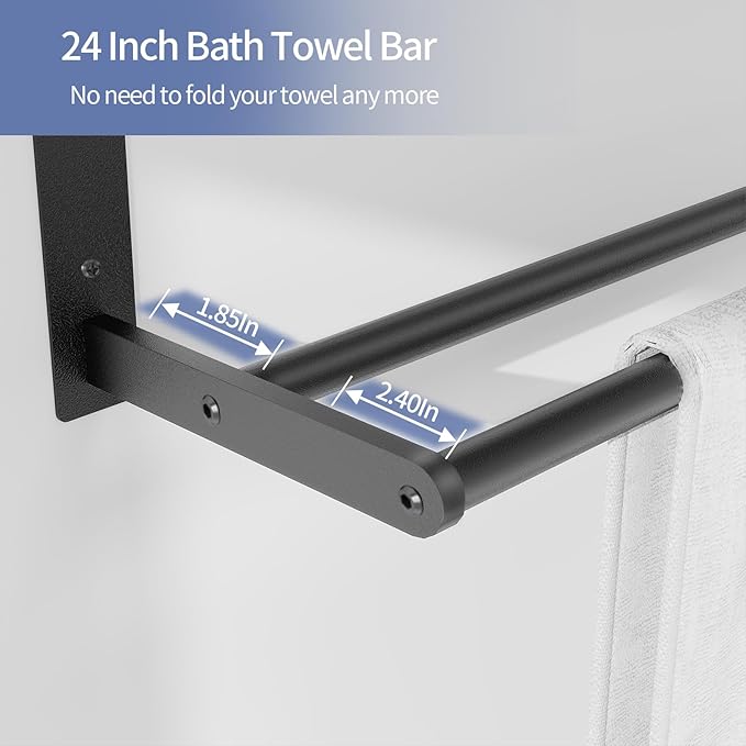 Towel Racks for Bathroom, 24 Inch Bath Towel Shelf with Double Towel Bar, Stainless Steel Towel Rack Wall Mounted, 2 Tier Towel Storage for Bathroom Wall Mounted, Black