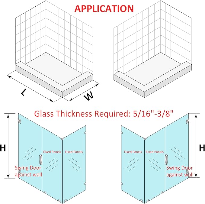 Shower Door Hardware Kit for Frameless Corner Shower Setup, Includes Hinges, Square Pull Handles, U-Clamps and Connector, for 5/16"–3/8" Glass, Bathtub or Standing Shower Use, Chrome