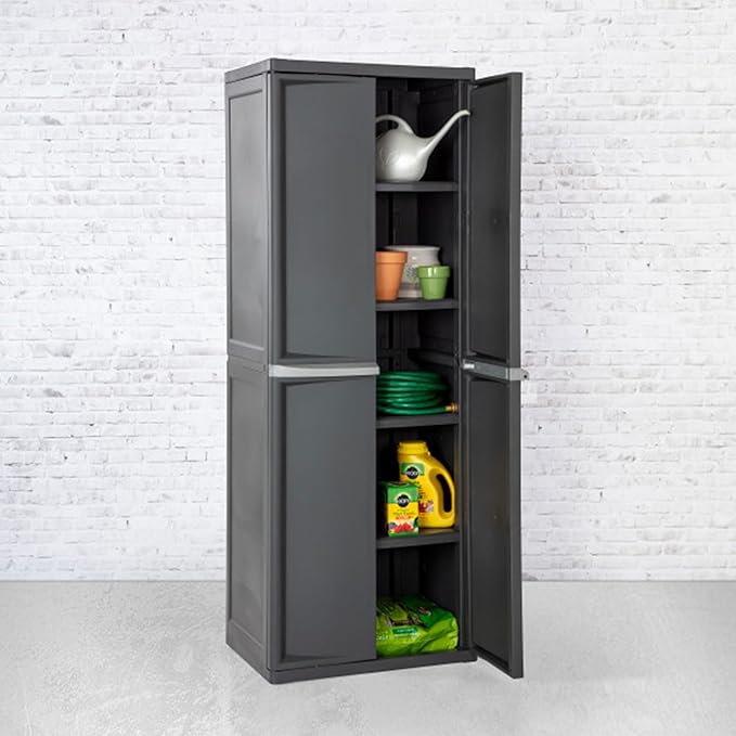 Sterilite 2-Pack 4 Shelf Cabinet, Lockable Utility Storage w/ Adjustable Shelves, Gray - Plastic Shelving Unit for Organizing Garage, Pantry, Basement, Laundry Room or Mudroom