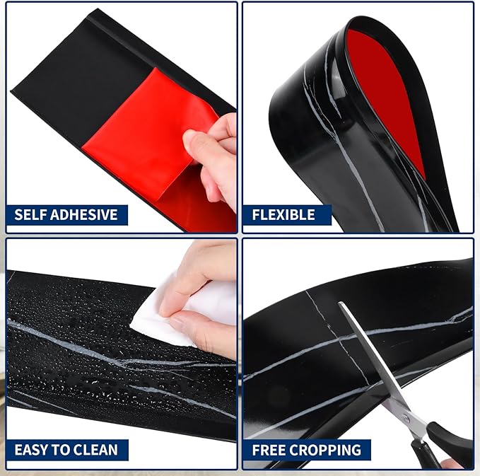 Flexible Baseboard Molding Trim 4 Inch Self-Adhesive Vinyl Wall Base Peel and Stick Cove Base Rubber Wall Baseboard Moulding Trim (40Ft, Black Stone)