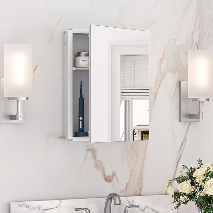 Keonjinn Small-Sized Medicine Cabinet 14.5 x 18.5 in, Assembly Required, Bathroom Medicine Cabinets Mirror, Lightweight, One Shelve Only, Surface Mount or Recessed, Tempered Glass