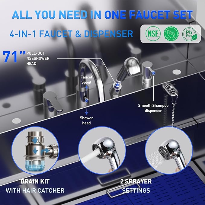 Dog Washing Station – 61 inch Professional 304 Stainless Steel Grooming Tub w/Ramp, Drawer, Faucet & Floor Grate, Dog Bathing Station for Large, Medium & Small Pets, 19" Leak-Proof Deep Soak