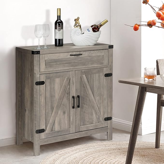 VINGLI Modern Farmhouse Sideboard Buffet Cabinet with Drawer, Storage Cabinet with Doors and Adjustable Shelves, Coffee Bar Station for Kitchen, Dining Room and Living Room, Ash Grey