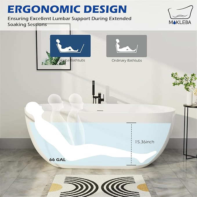 67" Acrylic Freestanding Bathtub, Elegant Oval Free Standing Tub, Soaking Tub with Integrated Slotted Overflow, Toe-Tap Chrome Drain, cUPC Certified, Glossy White