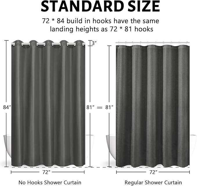 Furlinic No Hook Long Shower Curtain 84 Length,Waterproof Fabric Curtains for Bathroom,Machine Washable,Includes 10 Plastic Built-in Grommets,Minimalist Hotel Style,Dark Grey,72x84 Inch
