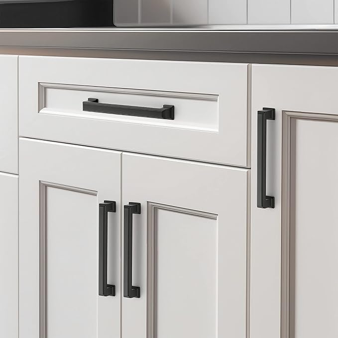 Ravinte Hardware 5 Pack Matte Black Cabinet Pulls, 5 Inch (128mm) Hole Center Zinc Alloy Drawer Handles for Kitchen Cabinets, Cupboards, Dressers, Square Solid Metal Hardware