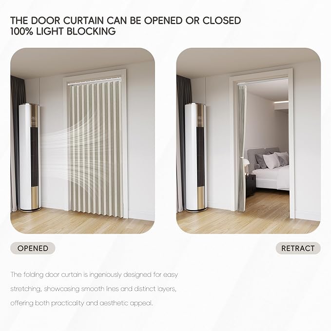 Accordian Door Curtain, 100% Blackout Folding Magnetic Doorway Curtains,Linen Style Closet Doors,for Room Divider,Privacy Protection（W52 x L78,Off White,1 Panel）