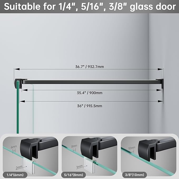 Frameless Shower Door Support Bar, Stainless Steel Wall-to-Glass Support Arm to Fixed Shower Glass Panel, for 1/4"-3/8" (6-10 mm) Door, 180° Pivot & Stow-Flat Mode (Matte Black, 35.4-inch(900mm))