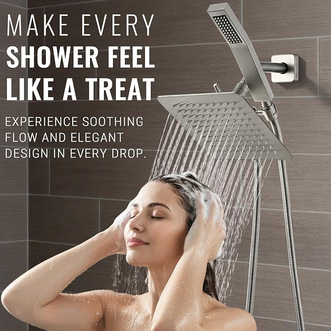 All Metal Shower Faucet Set, Dual Square Shower Head System with Handheld Wand, Diverter, Hose Complete Combo, Pressure Balance Rough-in Valve Included(Brushed Nickel)