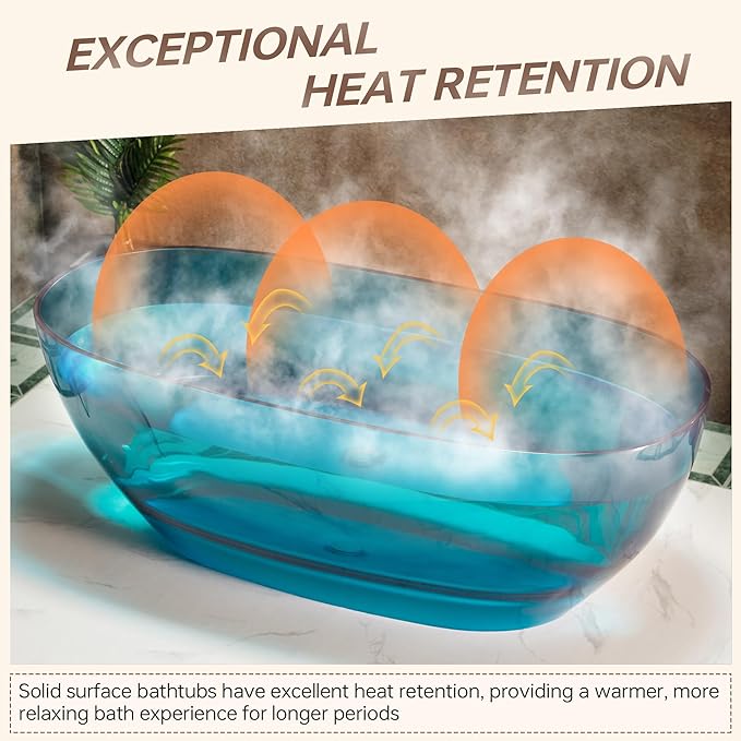 WOODBRIDGE 63" L x 28-3/8" W Transparent Blue Stone Resin Freestanding Soaking Tub with Double Ended Design