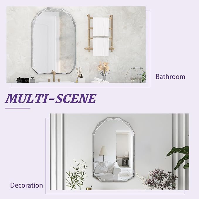 Bathroom Mirror for Wall, 20" x 30" Arched Mirror, Bathroom Vanity Mirrors, Beveled Edge Frameless Wall Mount Vanity Mirrors, Wall Mirror Decorative, Irregular Beveled Edge Mirrors