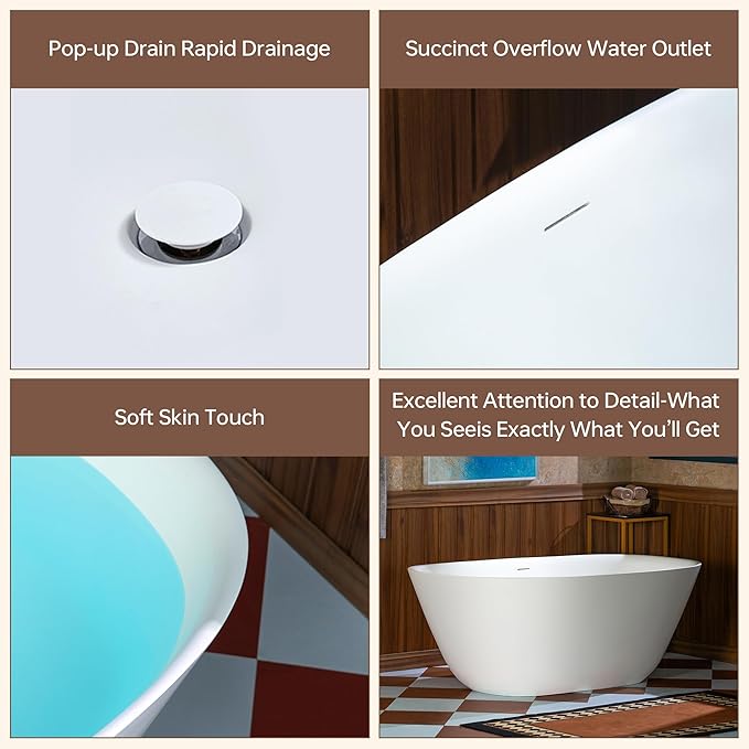 WOODBRIDGE 59" L x 32-5/8" W Luxury Contemporary Solid Surface Stone Resin Freestanding Bathtub in Matte White