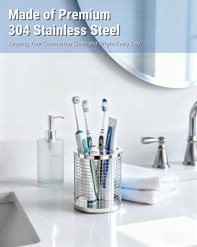 Toothbrush Holder Stand for Bathroom, 304 Stainless Steel Ventilated Organizer for Countertop with Slots for Manual Toothbrushes & Toothpaste, Family Size Tooth Brush Holder