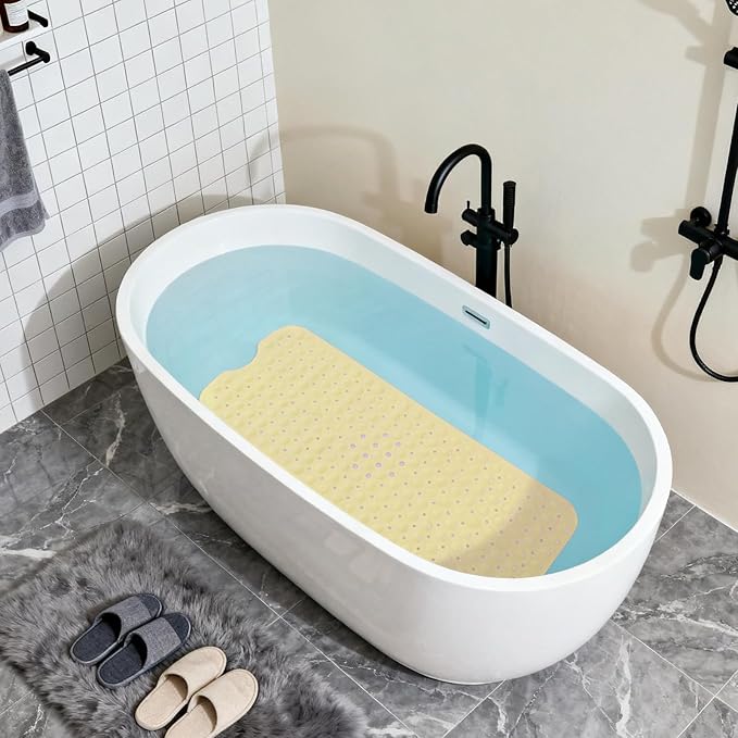 Anti-Slip Bathtub Shower mat, 39.3×15.7 inch（Approximately 100 × 40cm） Soft Oversized Machine Washable Non-Slip Bathtub mat with Drainage Holes, Bathroom Floor Suction Cup.（1-Opaque Light Yellow）