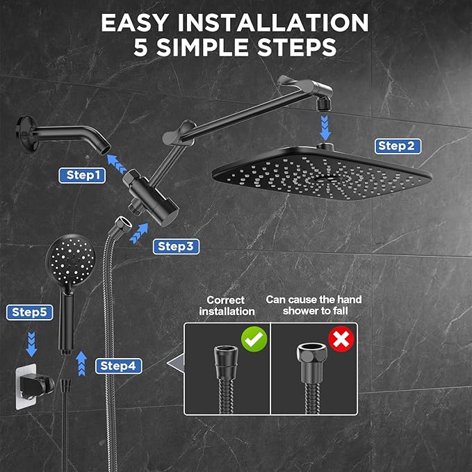 Veken 11.8" Rain Shower Head with Handheld, High Pressure Handheld Shower Heads with Multi Spray Modes, Rainfall Combo with 15" Metal Extension Arm,Detachable Dual Shower, Long 6 ft. Hose,Matte Black