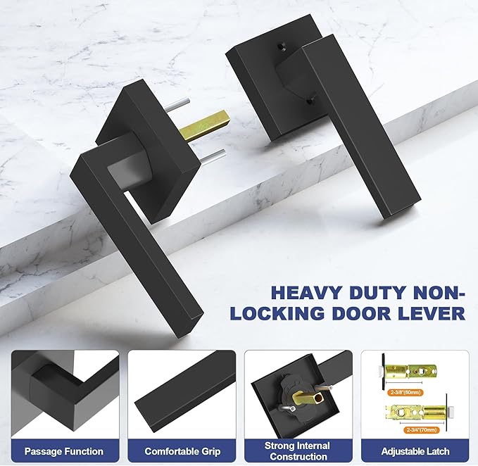 Passage Door Lever, 7 Pack Matte Black Interior Door Handles for Hallway and Closet, Heavy Duty Square Interior Keyless Door Handles Non-Locking Door Knobs for Right & Left Side Door