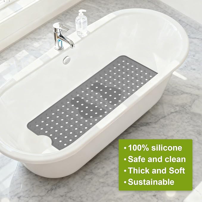 Silicone Bath Tub Mat Non Slip, 36"x16" Shower Foot Scrubber Mat with Drain Holes and Suction Cups, Upgraded Bathtub and Shower Mats, Machine Washable Bathtub Floor Liner Mats for Bathroom