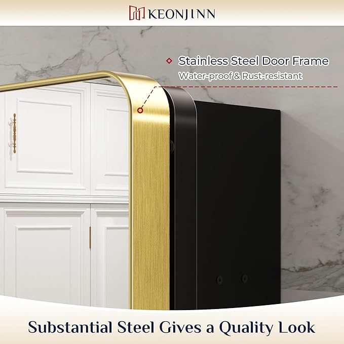 Keonjinn Gold Bathroom Medicine Cabinet with Mirror 16 x 24 Inch, Small Brushed Brass Medicine Cabinet, Stainless Steel Framed, Adjustable Shelves, Rounded Rectangular, Recessed or Surface Mount