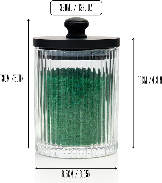 Mason & Fable Ribbed Glass Bathroom Jars | Set of 2 Farmhouse Style Storage Canister with Airtight Black Wooden Lids | Cotton Pad/Swab/Q tip Holder/Bath Salt/Clear Vanity