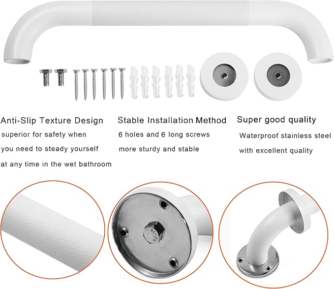 Shower Grab Bar, 2 Pack 24 Inch White Bathroom Grab Bar, 1.25" Diameter 304 Stainless Steel Anti-Slip Grab Bars for Bathtubs and Showers, Handicap Shower Grab Bar for Seniors Elderly