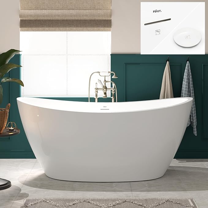 FerdY Naha 67" Freestanding Bathtub, Curve Edge Soaking Bathtub with Polished White Drain and Minimalist Linear Design Overflow, Easy to Install