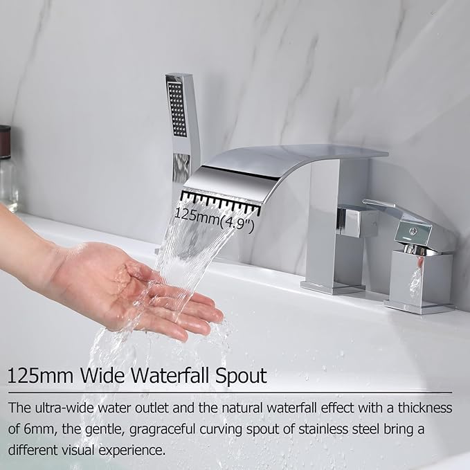 Waterfall Roman Tub Faucet with Hand Shower, Deck Mount Tub Filler Bathtub Faucet with Sprayer, Single Handle Bathtub Faucet Set, Brass Widespread 3 Hole Bathtub Shower Faucet Set, Chrome