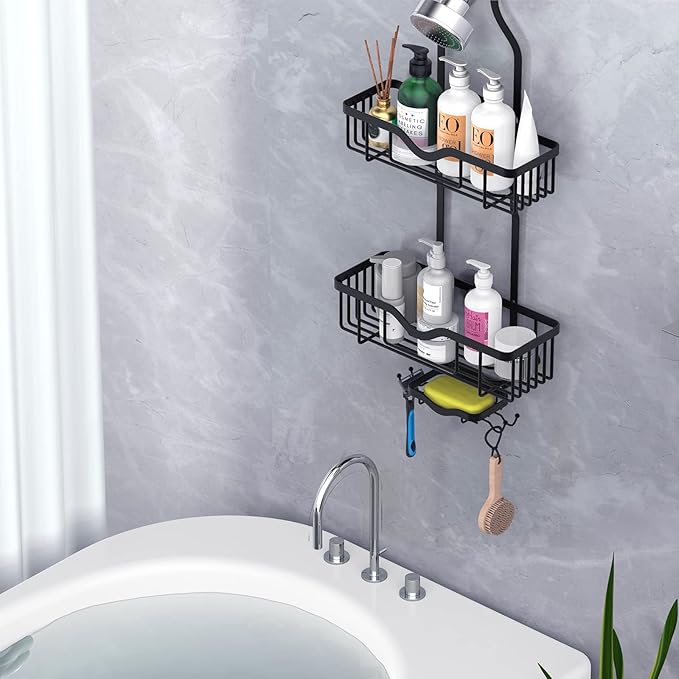 Kadolina Shower Caddy Hanging, Bathroom Organizer Rack, Shower Rack with Soap Dish, Over The Showerhead Caddy with Hooks for Razor/Sponge, Matte Black (Assembly Required)
