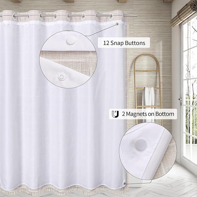 MitoVilla No Hooks Needed Boho Farmhouse Shower Curtain with Snap-in Liner, Cotton Linen Fabric Shower Curtains with Tassels for Rustic Neutral Bathroom Decor, Beige/Cream, 72 x 74