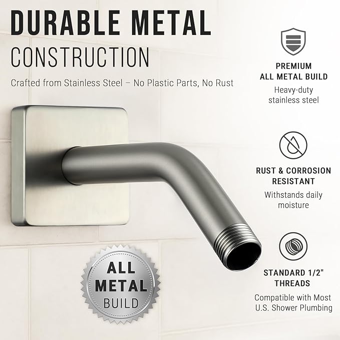 G-Promise All Metal 6-Inch Shower Arm with Flange, Wall-Mounted Stainless Steel Shower Pipe Replacement for Fixed and Handheld Shower Heads, Brushed Nickel