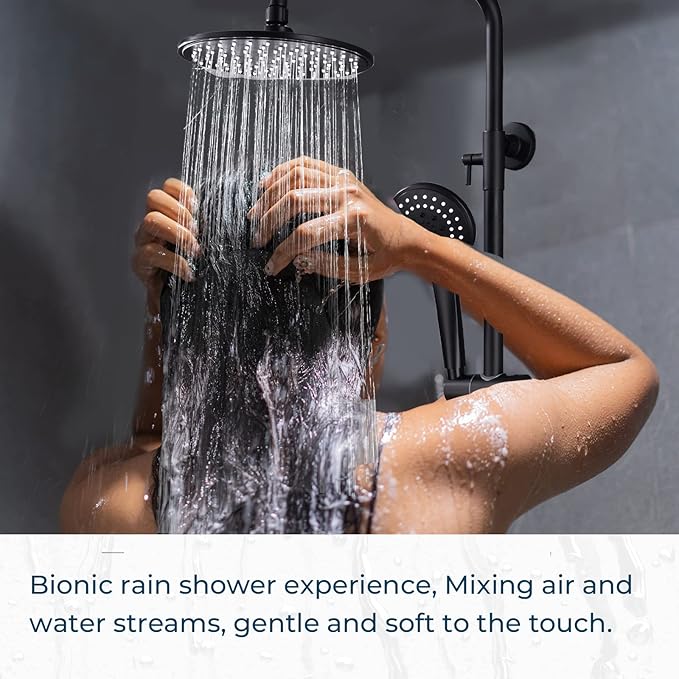 3-Function Thermostatic Outdoor Shower Faucet Set, 8" Round Head Shower, Exposed Pipe Wall Mount with Constant Temperature, Matte Black with Height Adjustable Slide Bar ABS Handheld Sprayer