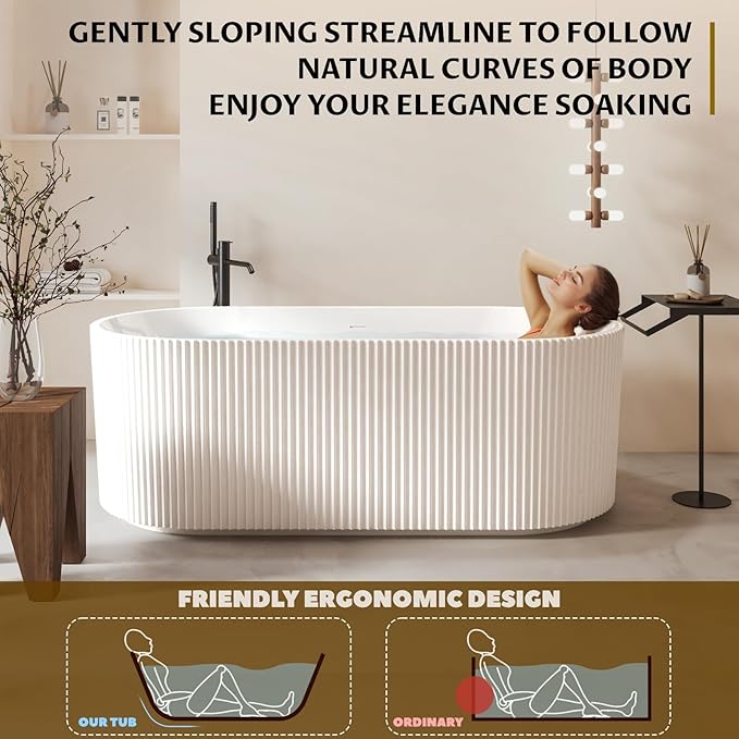 Freestanding Bathtub 59 Inch Acrylic Soaking Tub – Modern Stripe Design Free Standing Tub with Chrome Drain & Overflow, Contemporary Bathroom Bathtub