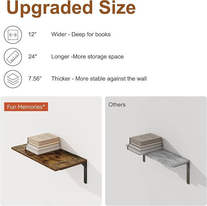 Fun Memories Deep Floating Shelves for Wall, 12 Inch Deep Wall Shelf, 24 Inch Long Floating Shelves with Bracket Set of 2, Rustic Deep Storage Shelf for Bedroom, Living Room, Kitchen, Rustic Brown