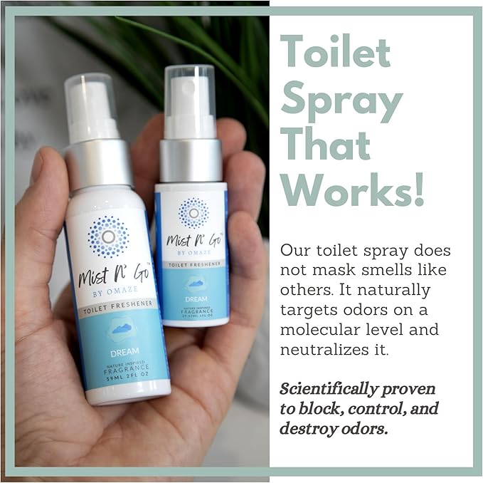 Mist N’ Go by Omaze Travel Bathroom Spray for Toilet Spray Odor Eliminator - Travel Toilet Spray for Bathroom Air Freshener Spray for Bathroom Deodorizer - Dream Regular Size (2oz x2)