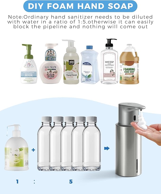Automatic Foaming Soap Dispenser Touchless, 304 Stainless Steel Bottle Body &16.2oz/480ml Rechargeable, 3 Adjustable Liquid Levels, IPX7 Waterproof, for Kitchen Bathroom, Stainless Steel