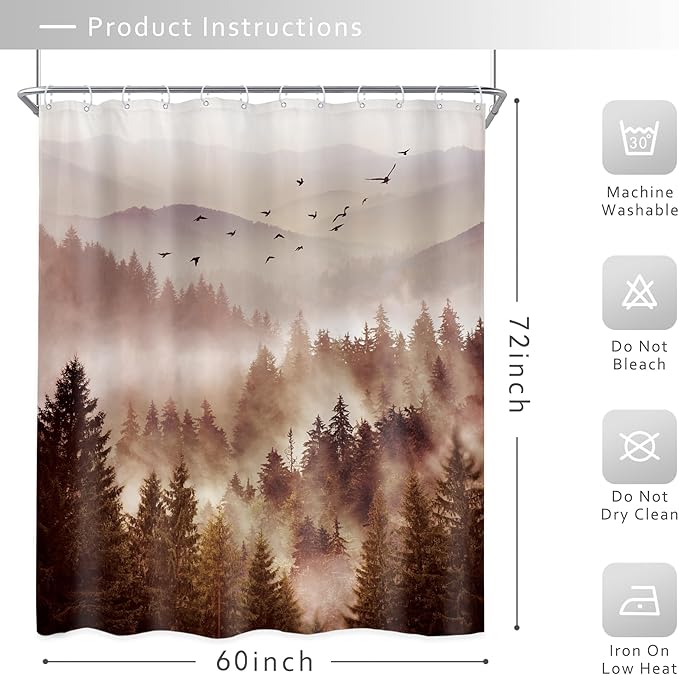 Riyidecor Foggy Mountain Shower Curtain 60Wx72H Inch Abstract Woodland Misty Nature Scenery National Park Scene Rustic Tree Landscape Natural Bathroom Decor Fabric Polyester Waterproof 12 Pack Hooks