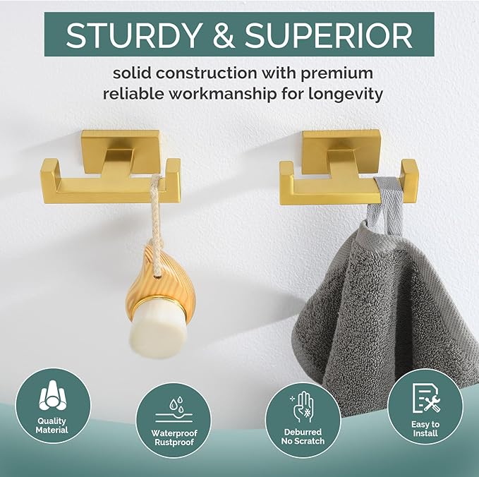 Angle Simple Double Towel Hook Brassy Gold 2 PCS, SUS304 Stainless Steel Bathroom Hand Towel Holder, Double Robe Hook for Wall