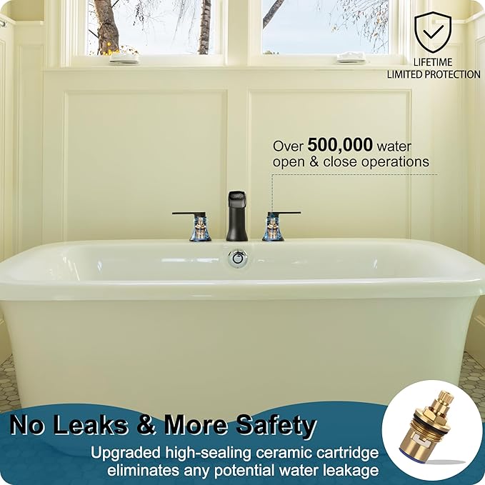 Solid Brass Waterfall Bathtub Faucets Set, 3 Hole Matte Black Tub Faucet 2 Handle, High Flow Roman Tub Faucets Widespread 6-16 Inch Deck Mount