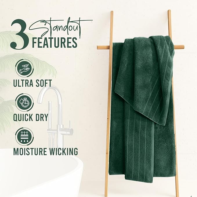 DAN River Extra Large Bath Towels Set of 4, 30 x 60 Inches - 100% Cotton Larger & Lighter Weight Towels for Bathroom - Quicker to Dry, Super Soft & Highly Absorbent Towels for Home, Hunter Green