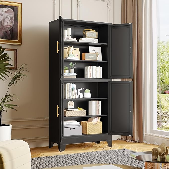 75" Tall Metal Kitchen Pantry Storage Cabinet, Freestanding Cupboard with 4 Doors and 4 Adjustable Shelves, Standing Storage for Kitchen, Bathroom, Garage, Dinning Room or Utility Room（Black）