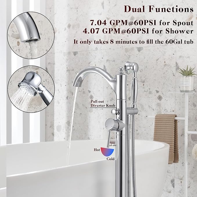 Free Standing Tub Faucet, Classic Freestanding Bathtub Faucet with Vintage Hand Shower Brass High Flow Rate Floor Mount Tub Filler Swivel Spout Soaker Tub Faucets Polished Chrome (WT-9002CP)