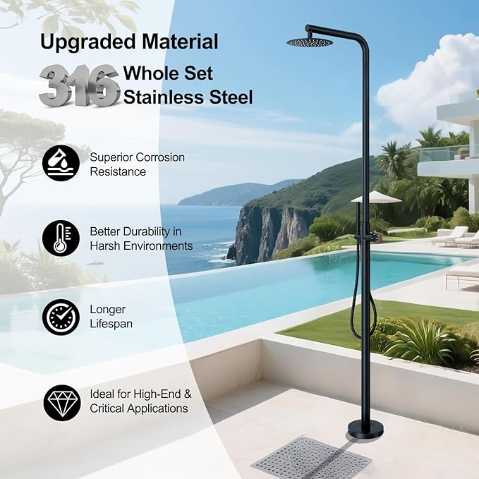 RBROHANT Freestanding Outdoor Shower Black, 316 Marine Grade Stainless Steel Beach Shower, Free Standing Hot and Cold Water Pool Shower with 10’’ Rain Shower Head and Wand, Matte Black, Floor Mounted